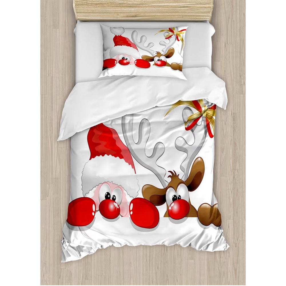 Premium Twin Duvet Cover Set & Sham Peeping Santa & Reindeer 100% Microfiber NIB